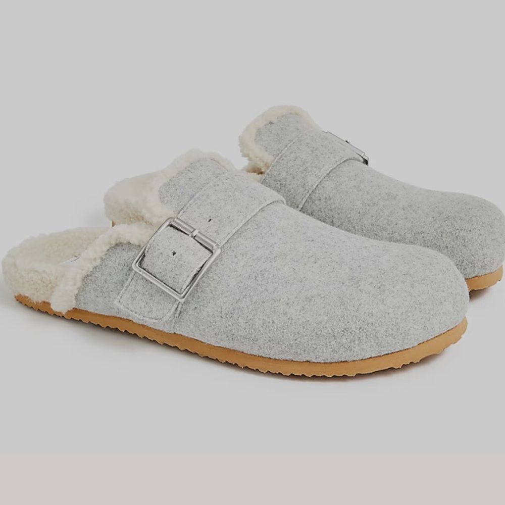 J Crew Factory Womens Sherpa-Lined Clogs Mules Slippers Grey Sz 8